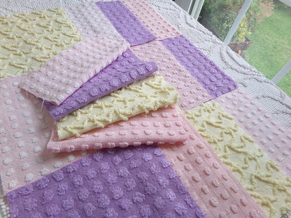 fairy magic 6" vintage chenille fabric squares, set of 16 pink, yellow & lavender quilt blocks for quilting, sewing, crafts