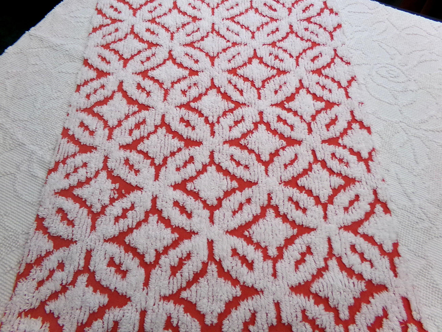 Classic Red Vintage Chenille Fabric, tufted white geometric designs, piece sewing craft quilt material, 18" x 24"