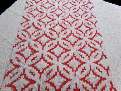 Classic Red Vintage Chenille Fabric, tufted white geometric designs, piece sewing craft quilt material, 18" x 24"