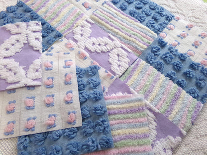 moonlit rainbow chenille fabric squares, set of 16 vintage quilt blocks 6" inches ea, dreamy serene blue, pink rosebuds, soft lilac