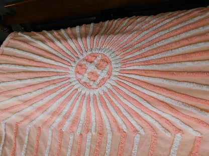 Spectacular STARBURST Peach SUN RAYS Vintage Chenille Bedspread, 100% Plush Cotton, Full Size