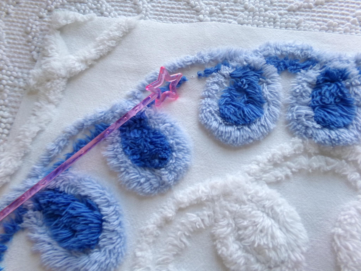 shabby heart vintage chenille fabric, pink roses w/ blue curlicue swirls, 18" x 22" piece of sewing material great for pillow