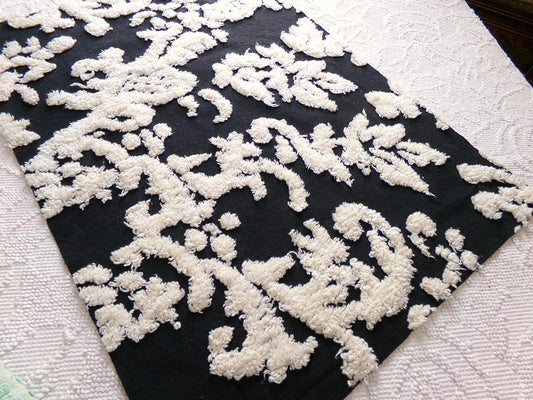 sophisticated black vintage style chenille fabric, cream gothic design, 25" x 18" cut piece of sewing & quilt material