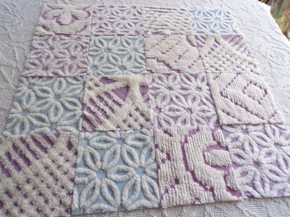 Dreamy Divine Vintage Chenille Fabric Squares Set in Lilac, Blue & White, 16 Rotary Cut Quilt Blocks, 6" x 6" inch