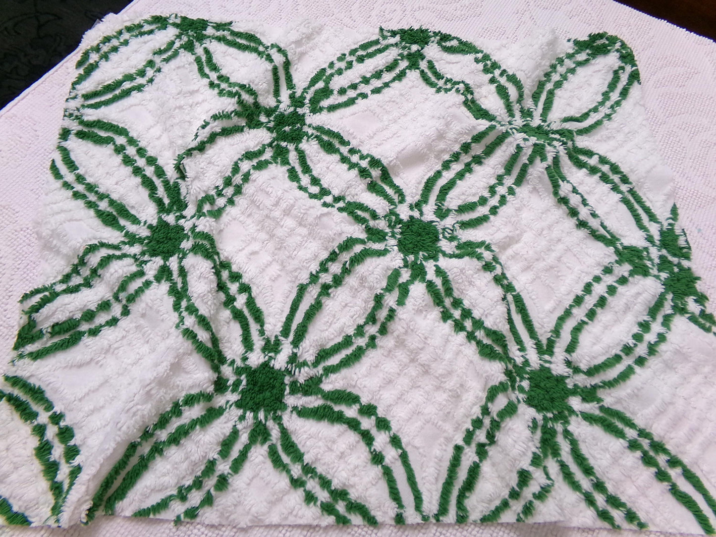 Vintage Green White Chenille Fabric Piece, Interlocking Geometric 18x24" Quilt Material