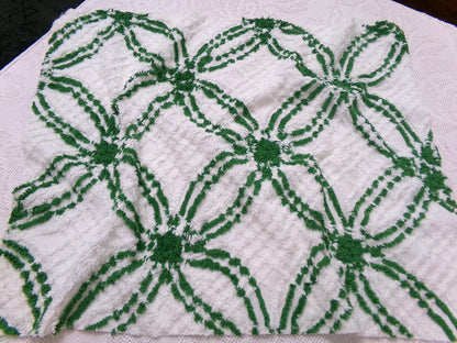 Vintage Green White Chenille Fabric Piece, Interlocking Geometric 18x24" Quilt Material