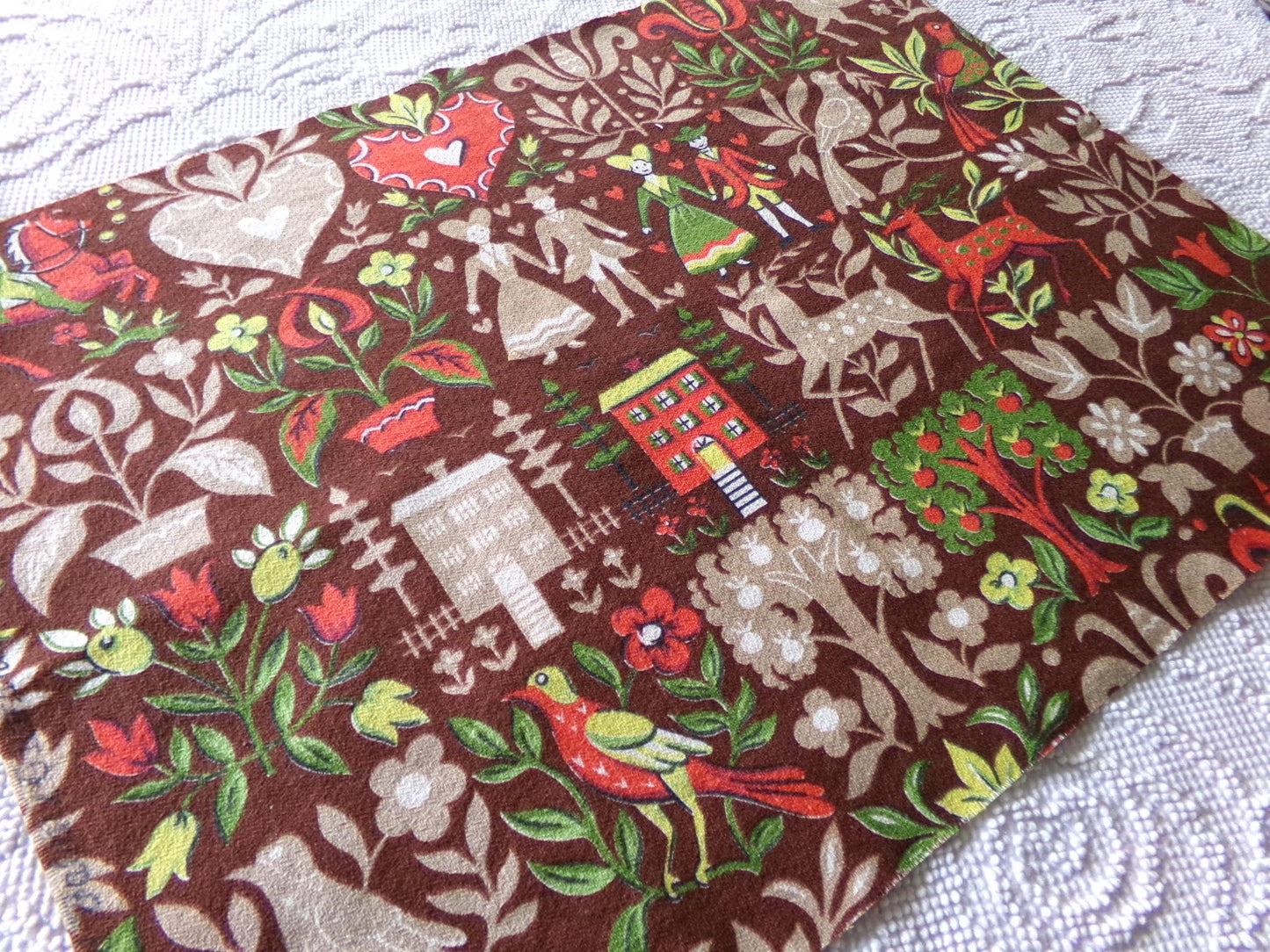 vintage barkcloth fabric in dutch country colonial style shadow print with people, hearts, birds, apple trees, houses, 16" x 22" inch piece