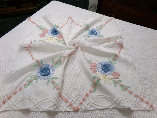 Autumn Wildflower Vintage Chenille Bedspread Fabric, Floral Quilt Material, 25" x 24" piece