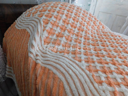 Peach Creamsicle Vintage Chenille Bedspread, 100% Plush Cotton, Twin Size Cotton Bedding