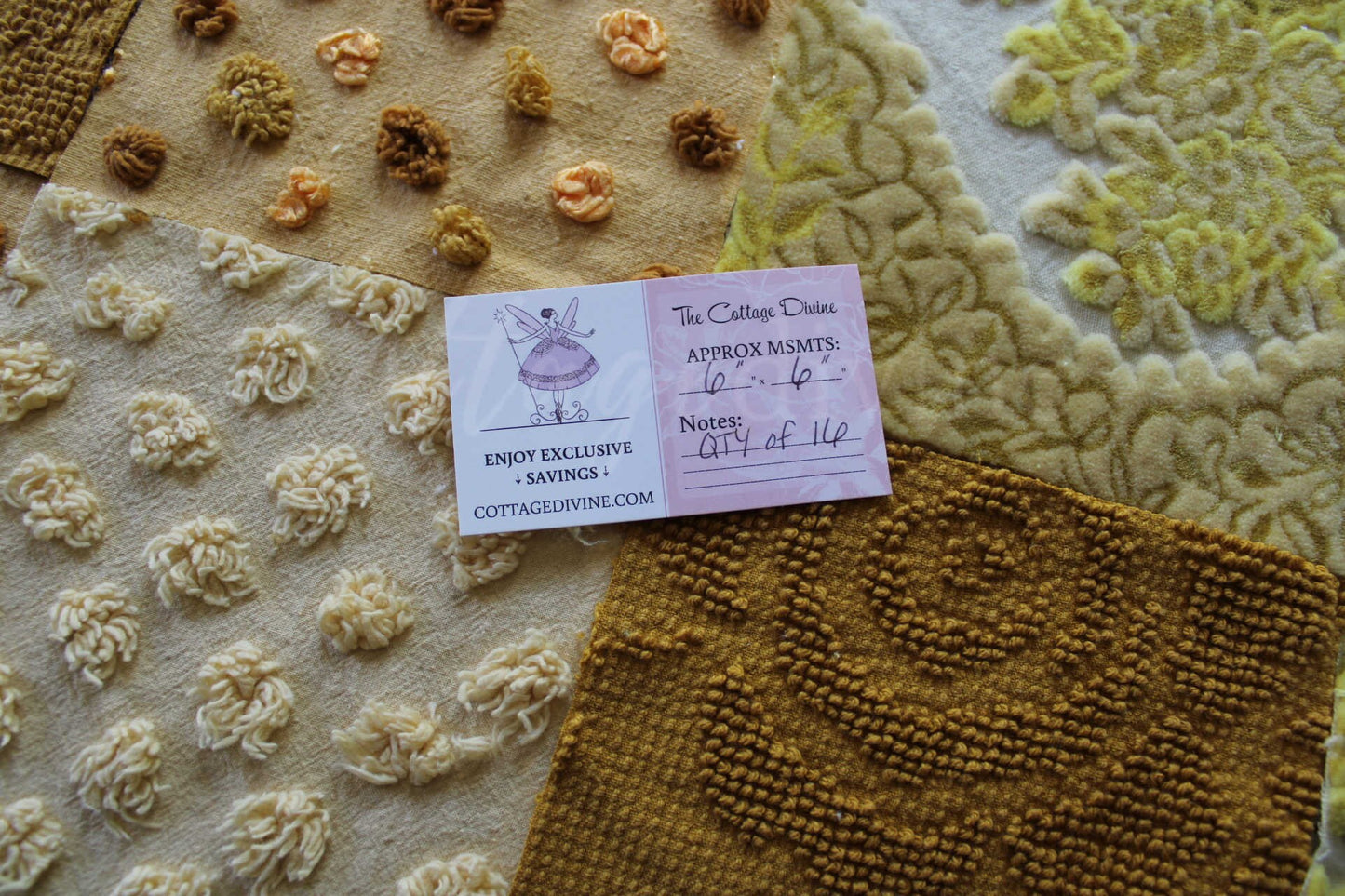 Chenille & Velvet Quilt Squares Set, "Hippie Mama", from Vintage Bedspread Fabric, 16 Blocks, 6" x 6" inches each, Earthtones