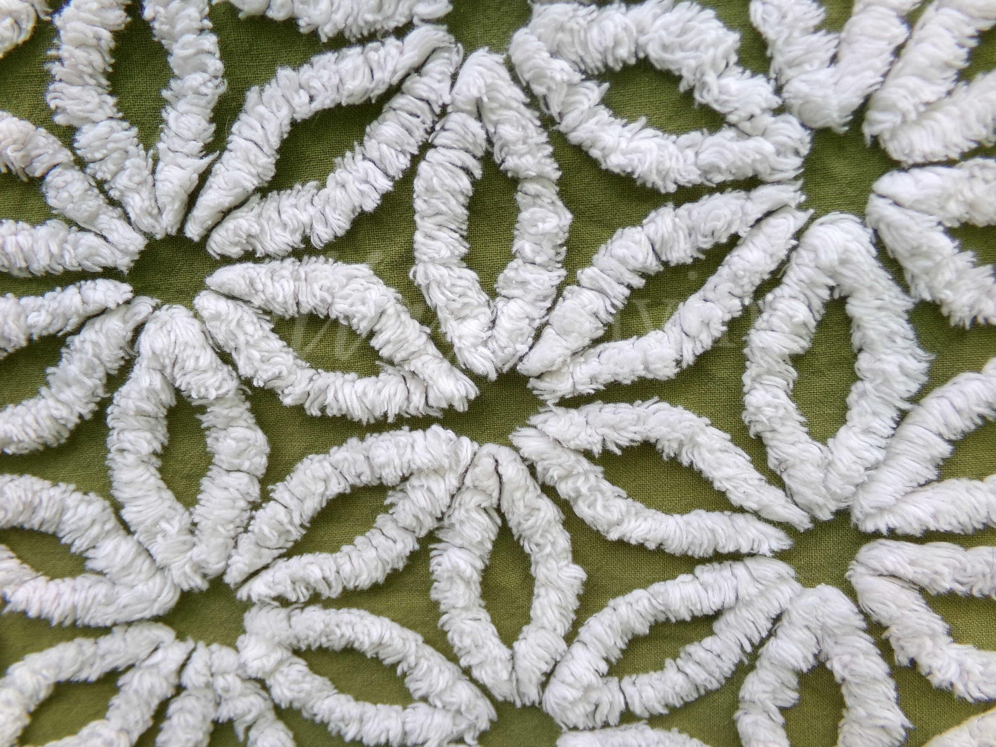 Vintage Green Chenille Fabric Boho Daisy Floral Craft Quilting Sewing Material, 18" x 24"