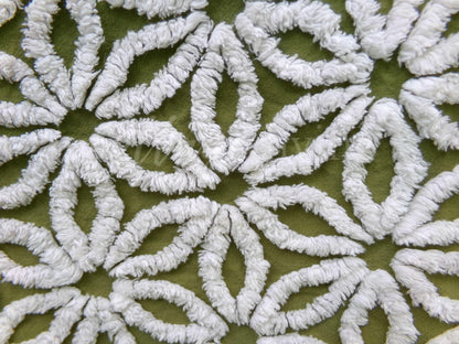 Vintage Green Chenille Fabric Boho Daisy Floral Craft Quilting Sewing Material, 18" x 24"