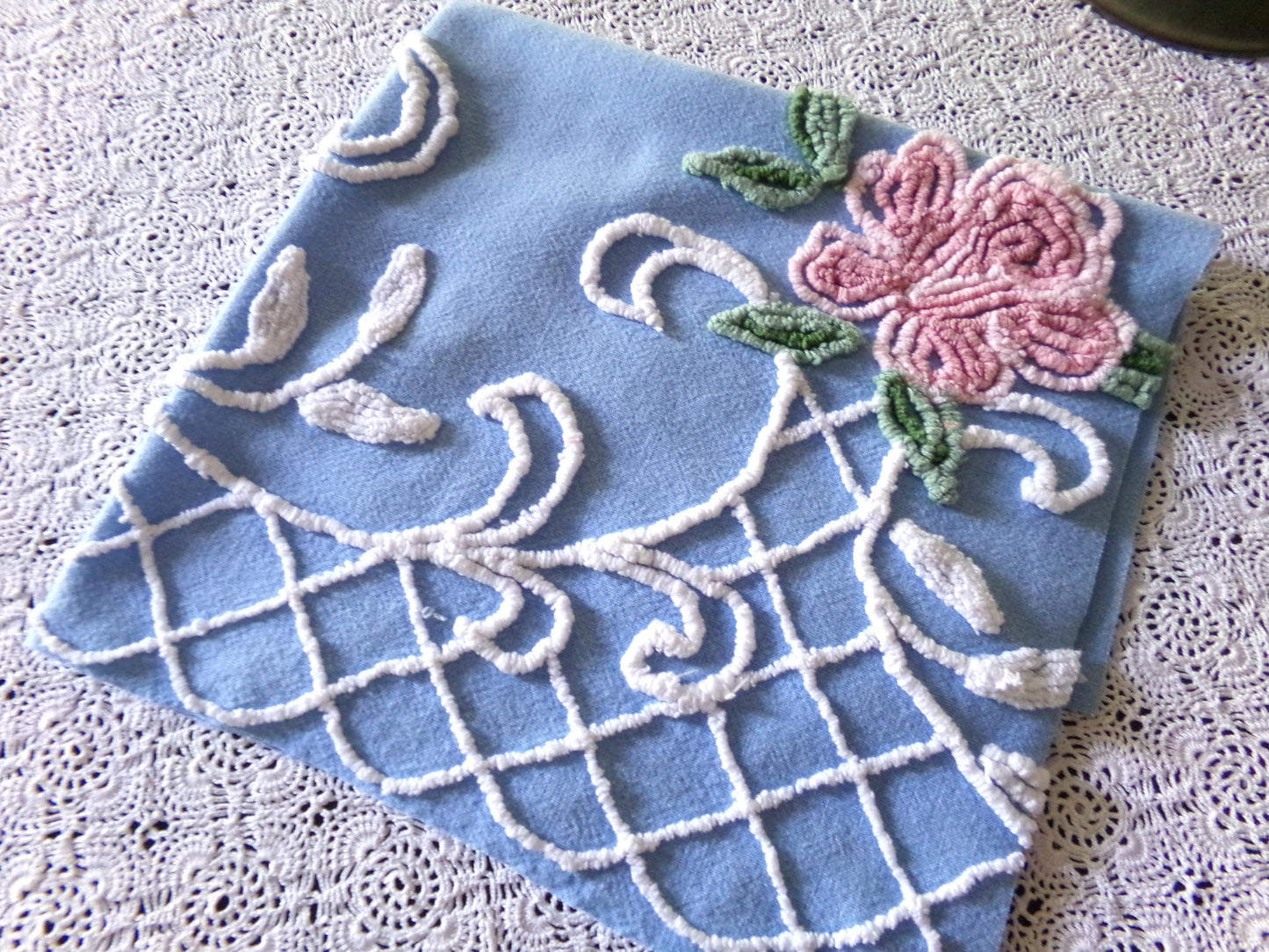 shabby chic pink rose vintage chenille fabric, pretty blue background, dainty white scrollwork, 18" x 22" piece of sewing material