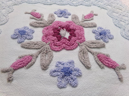 Shabby Blue Floral Vintage Chenille Bedspread Fabric, 23x23" Piece