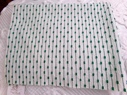 preppy kelly green textured fabric piece, vintage chenille raindrop dots on white woven cotton, great in quilts, xmas stockings, 20" x 25"
