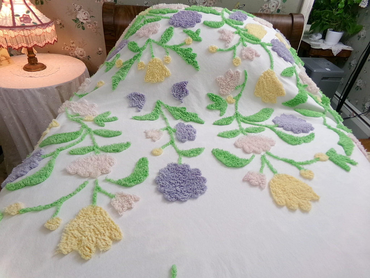 Y2K Vintage Style Chenille Bedspread, Summer Floral Burst TWIN Coverlet