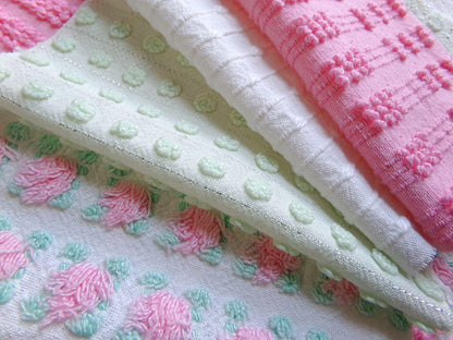 fairy girl pinks chenille fabric squares, set of 12 vintage 6" quilt blocks in crafty girl's dozen, popular squiggles, rosebud, dots
