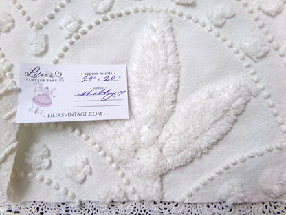 Dainty Vintage Chenille Fabric, Creamy Botanical Leaf Pearl Dots, 20x20" Piece