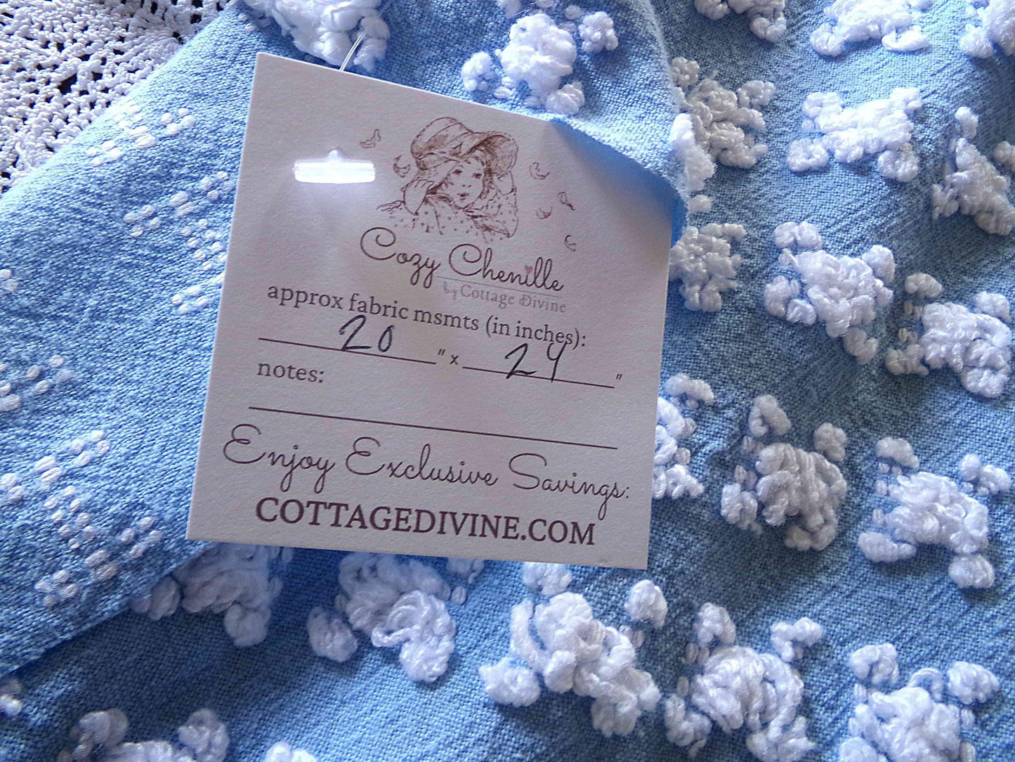 White Rosebud Vintage Chenille Fabric Piece, Beyond Beautiful Blue Rose Material for Quilts & Pillows, 24" x 20" inches