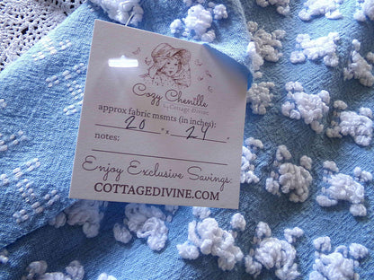 White Rosebud Vintage Chenille Fabric Piece, Beyond Beautiful Blue Rose Material for Quilts & Pillows, 24" x 20" inches