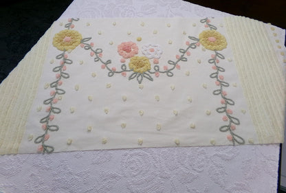 cottage floral vintage chenille fabric, buttercup yellow quilt sewing material, large 19" x 40" piece
