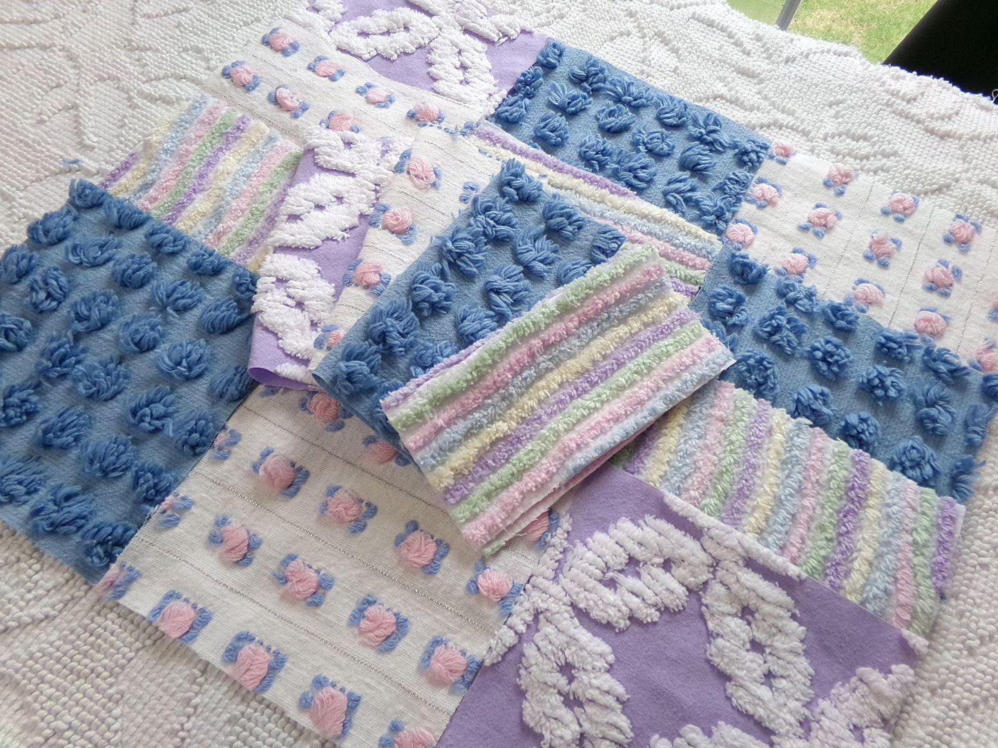 moonlit rainbow chenille fabric squares, set of 16 vintage quilt blocks 6" inches ea, dreamy serene blue, pink rosebuds, soft lilac