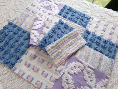 moonlit rainbow chenille fabric squares, set of 16 vintage quilt blocks 6" inches ea, dreamy serene blue, pink rosebuds, soft lilac