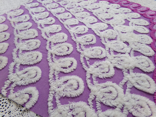 Shabby Purple & White Vintage Chenille Fabric 18 x 20" Curlicue Geometric Boho Quilt Sewing Material