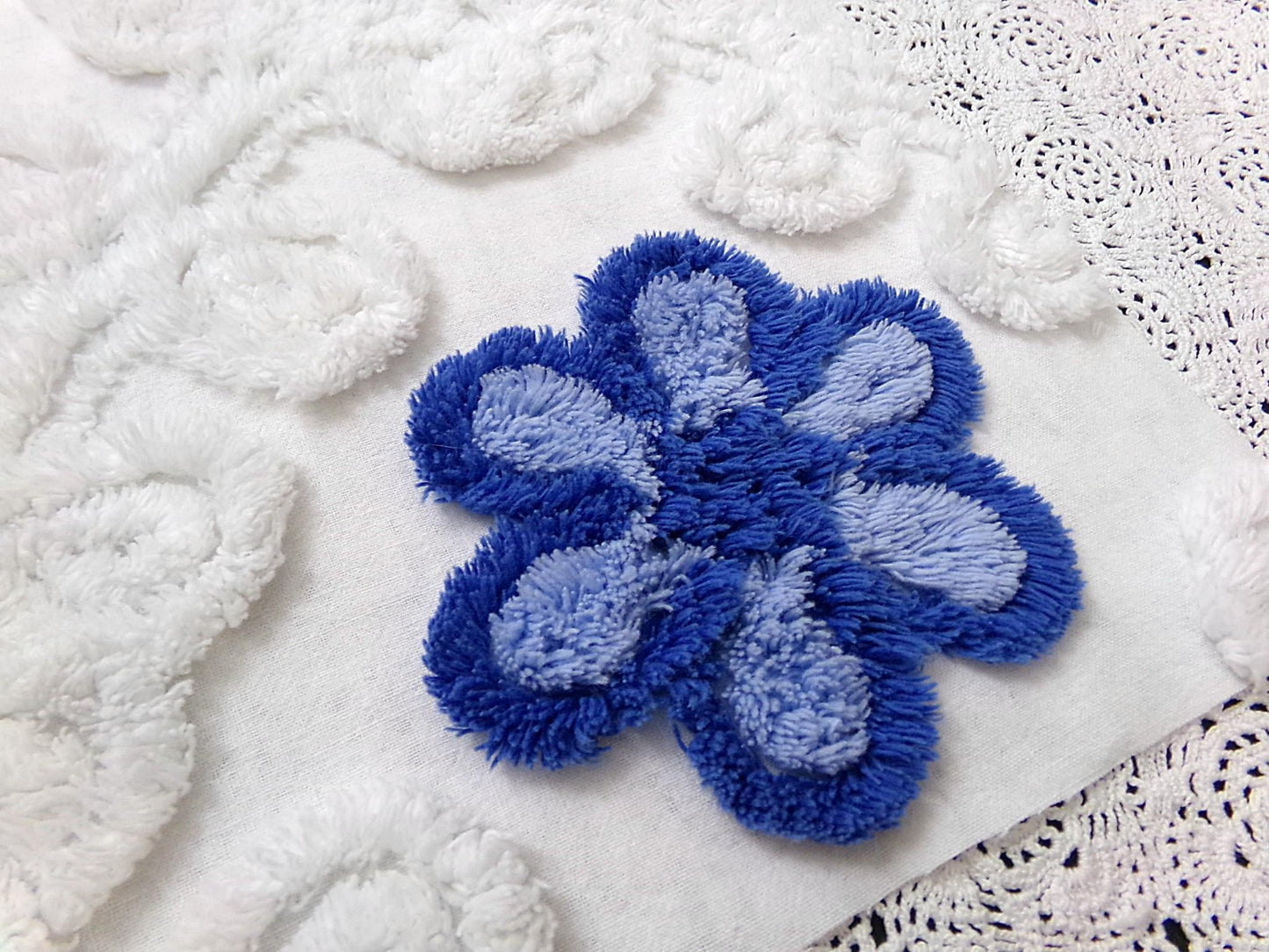 Vintage Chenille Bedspread Fabric, Plush Blue Flowers White Curlicues, 20x26" Piece