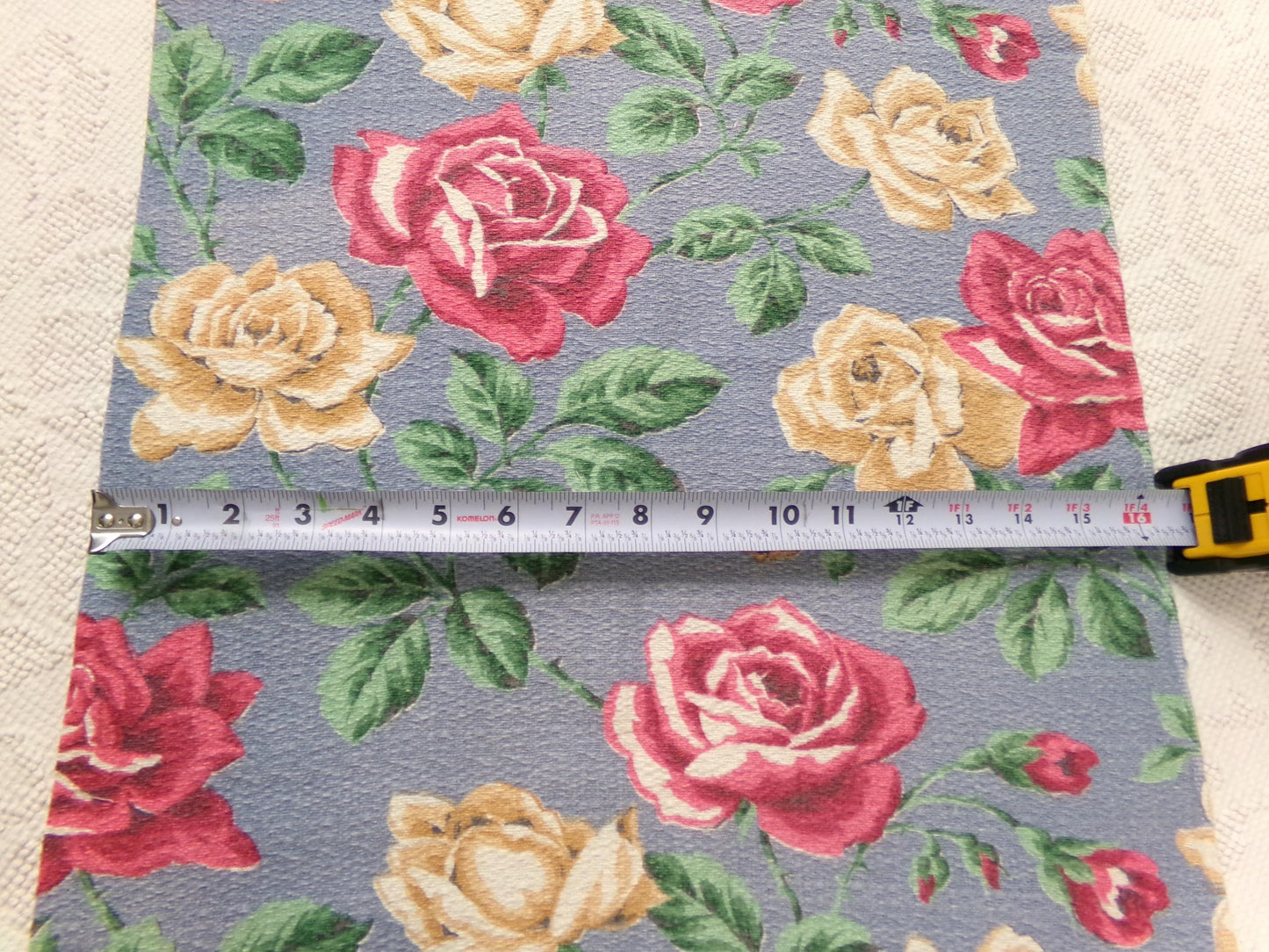 Vintage Rose Barkcloth Fabric, Pink Gold Blooms Blue Background 16" x 27"