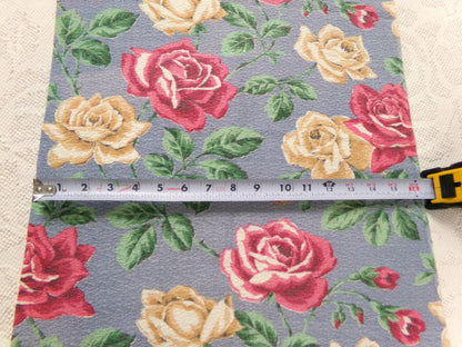 Vintage Rose Barkcloth Fabric, Pink Gold Blooms Blue Background 16" x 27"