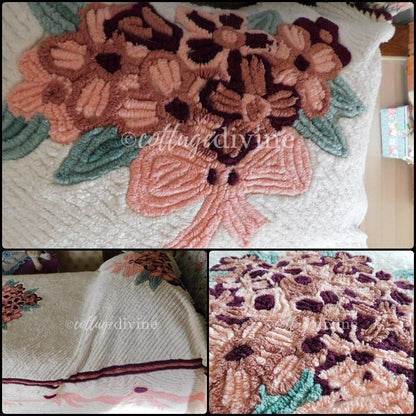 LUXURY 1940s Heirloom PLUSH Peony Rose Vintage Chenille Bedspread, Full Size, White with Bow Swags