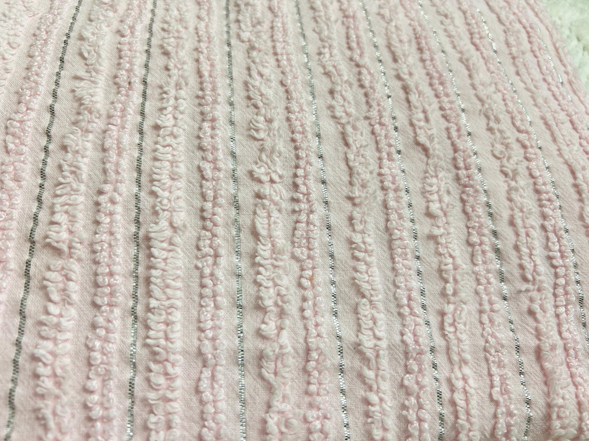 Light Pink Vintage Chenille Fabric, Silver Shimmer Stripes, 22x24"