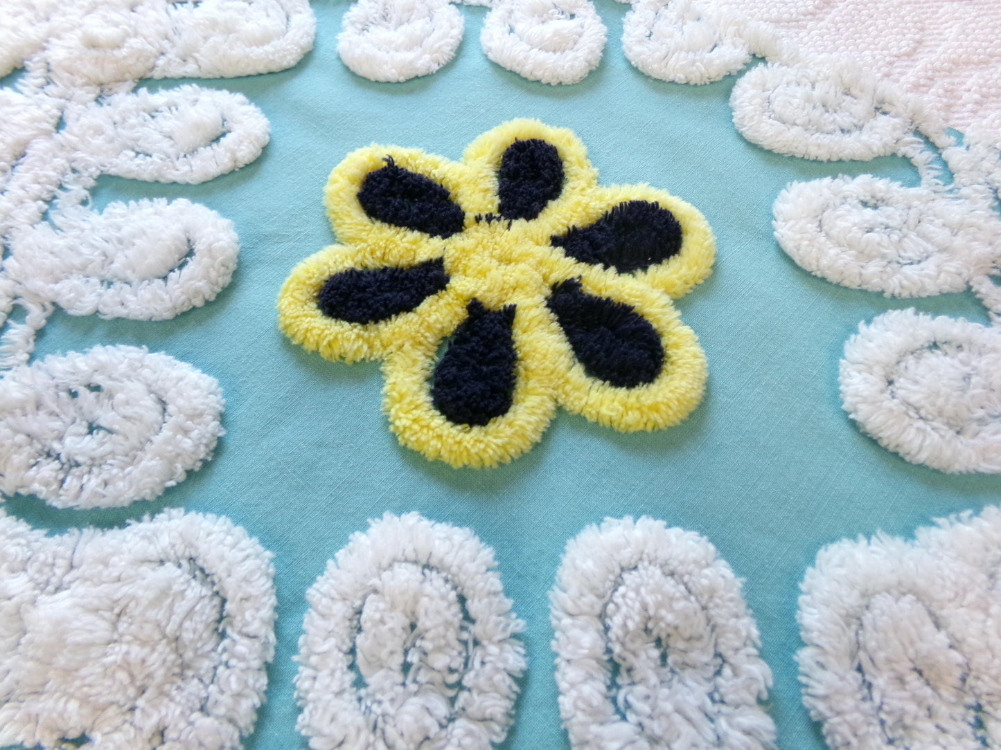 beach chic vintage chenille fabric, bubble white, seaglass blue, 21" x 30" piece of cotton sewing material for crafts, quilts, pillows