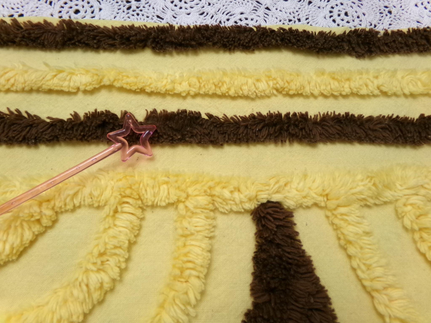 Vintage Chenille Bedspread Fabric Yellow Brown Swag Scallop 18x22.5" Piece Quilt Sewing Material