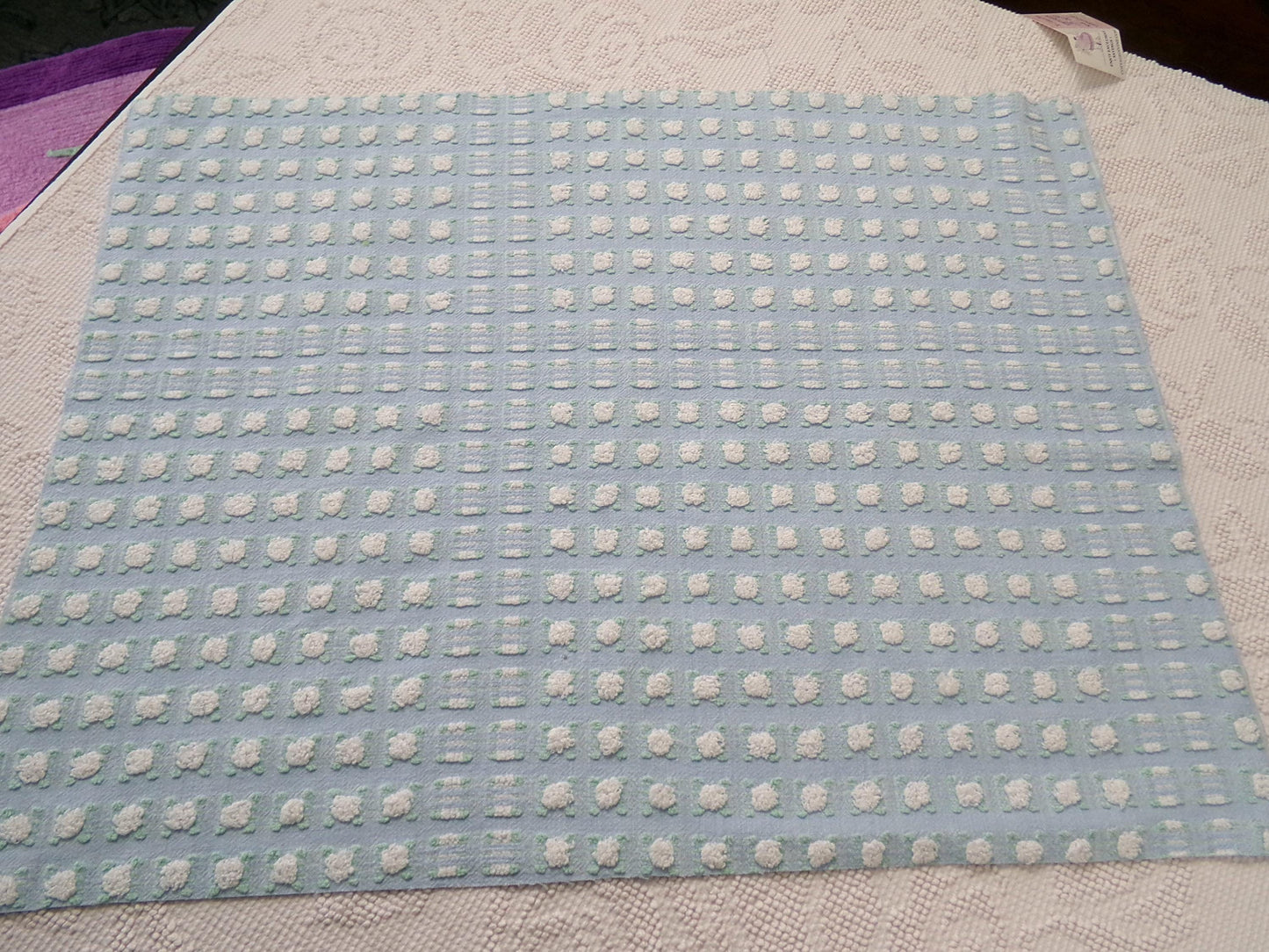 White Rosebud Vintage Blue Chenille Fabric, Shabby Phantom Rose Morgan Jones, 19x26"