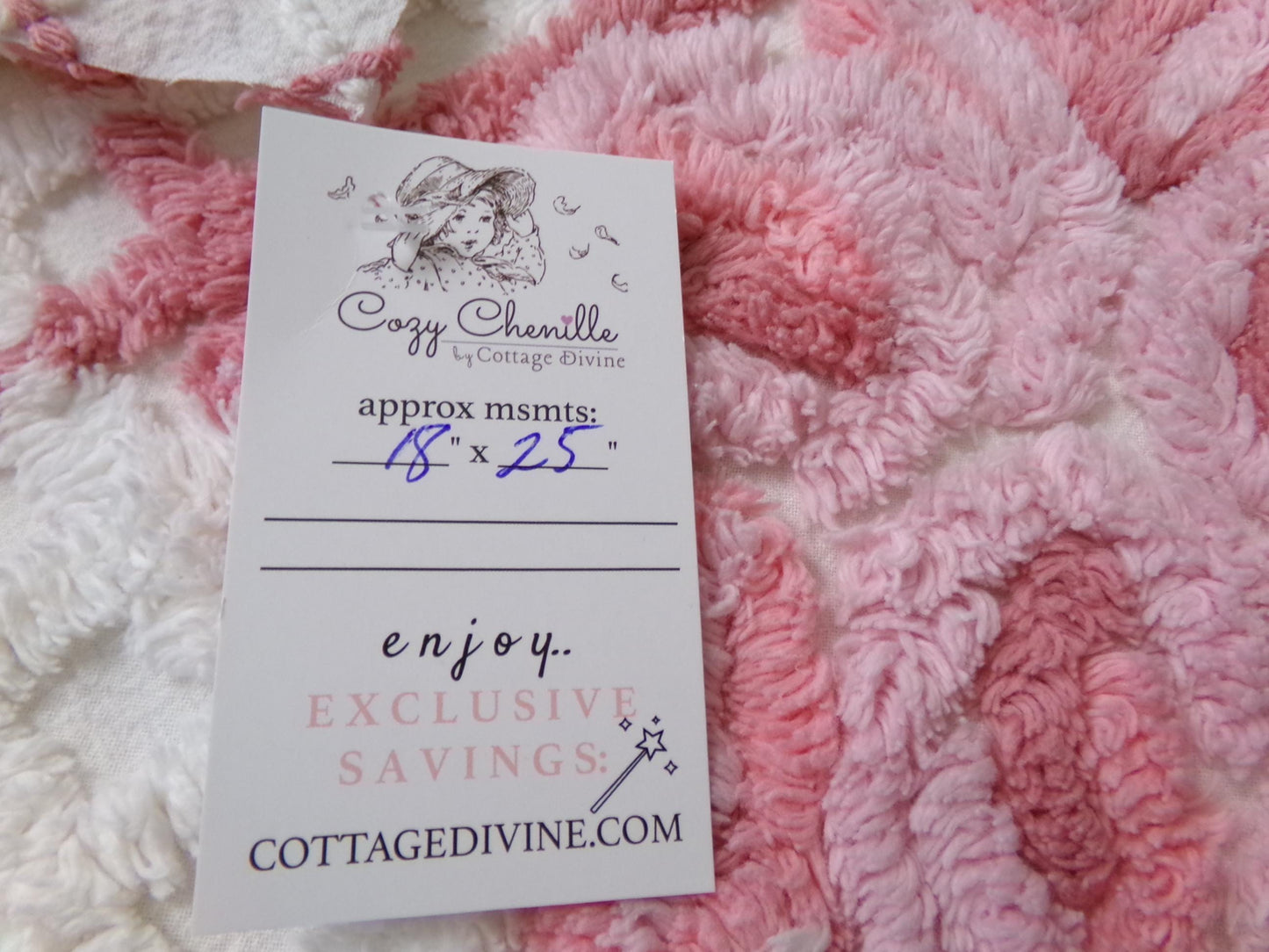 white & pink rose vintage chenille bedspread fabric, cottage chic quilt material, 18" x 25" piece