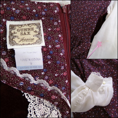 gorgeous vintage Gunne Sax corset dress, velvet bodice 1970s prairie style midi wine calico print with sheer sleeves, XXS