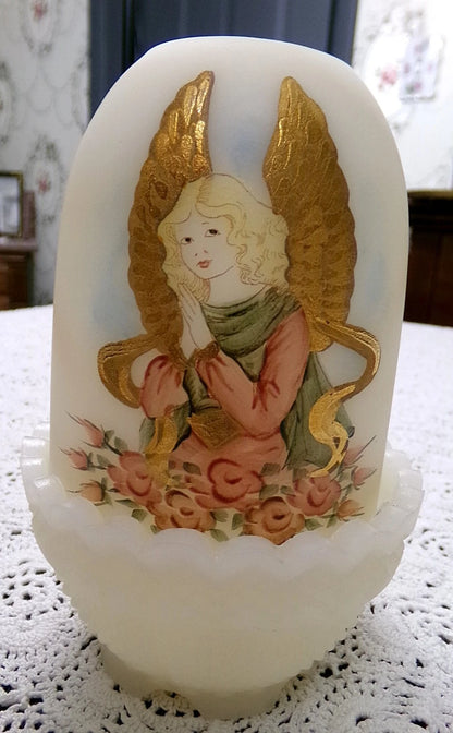 Vtg Fenton Fairy Lamp Angel Praying Heavenly Pink Roses Handpainted Jackson #10