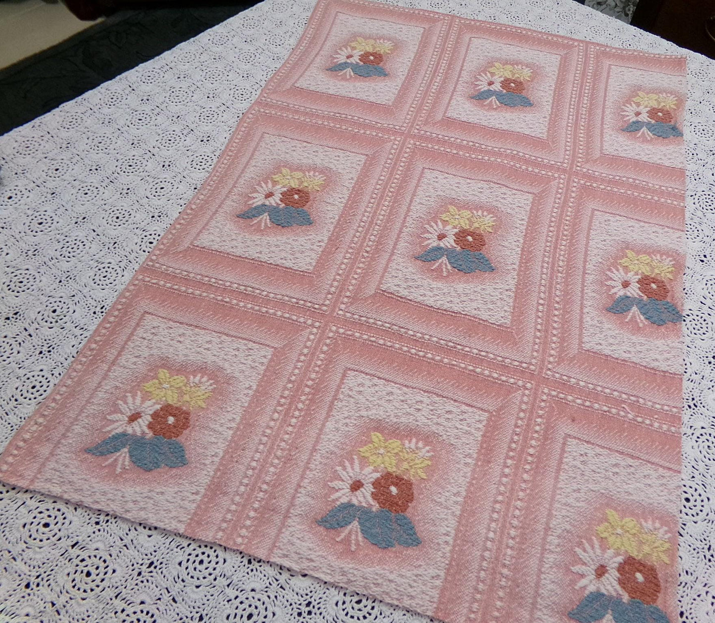 Vintage Pink Floral Fabric, Cotton Woven Cottage Windowpane Design 16.5x23"