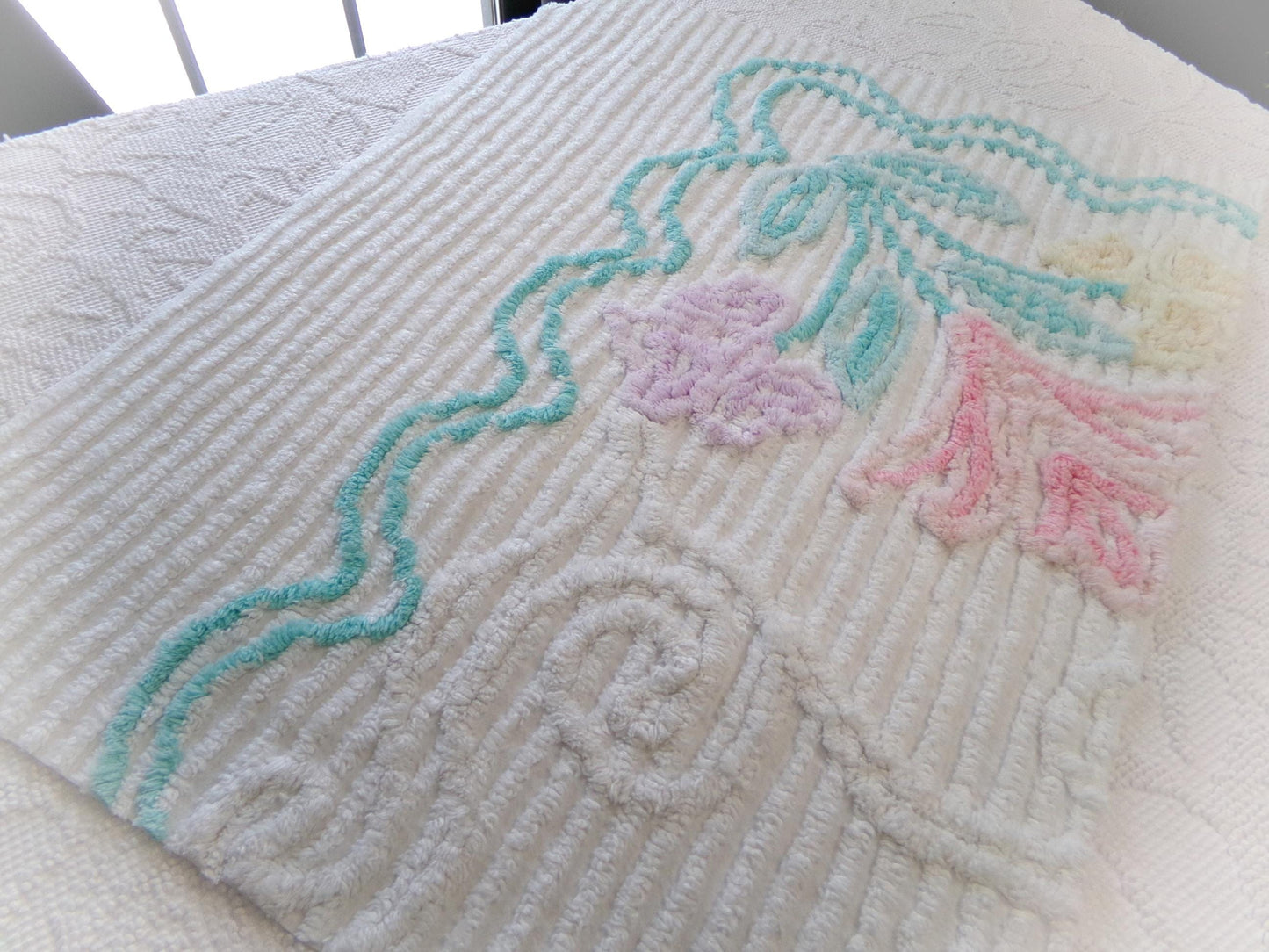 Pastel Floral Vintage Chenille Bedspread Fabric, Cottage Chic Design 18" x 24" piece sewing material