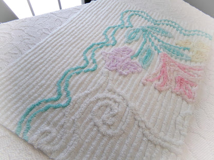 Pastel Floral Vintage Chenille Bedspread Fabric, Cottage Chic Design 18" x 24" piece sewing material