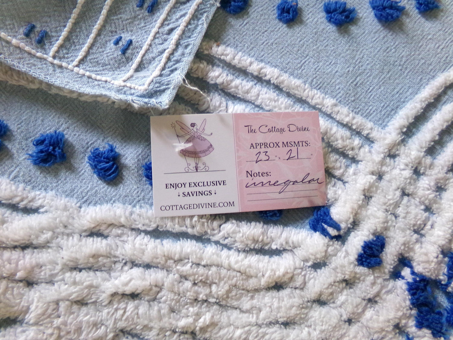 Coastal Cottage Vintage Chenille Fabric, Blue Rose Floral Sewing & Quilt Material 21" x 23"