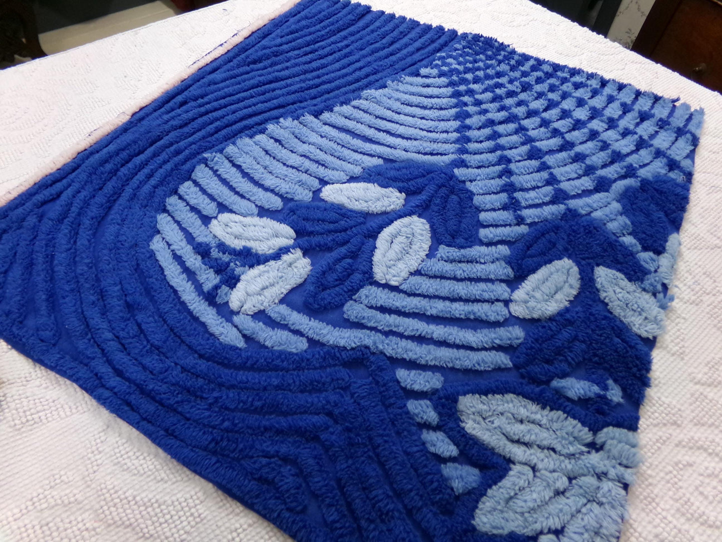vintage chenille bedspread fabric, mystic blue fan floral sewing material, 22" x 21" piece