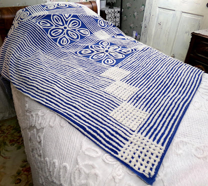 Vintage Mod Chenille Bedspread: Flower Power Bold Blue & White Shabby Cotton Full Size Bedding