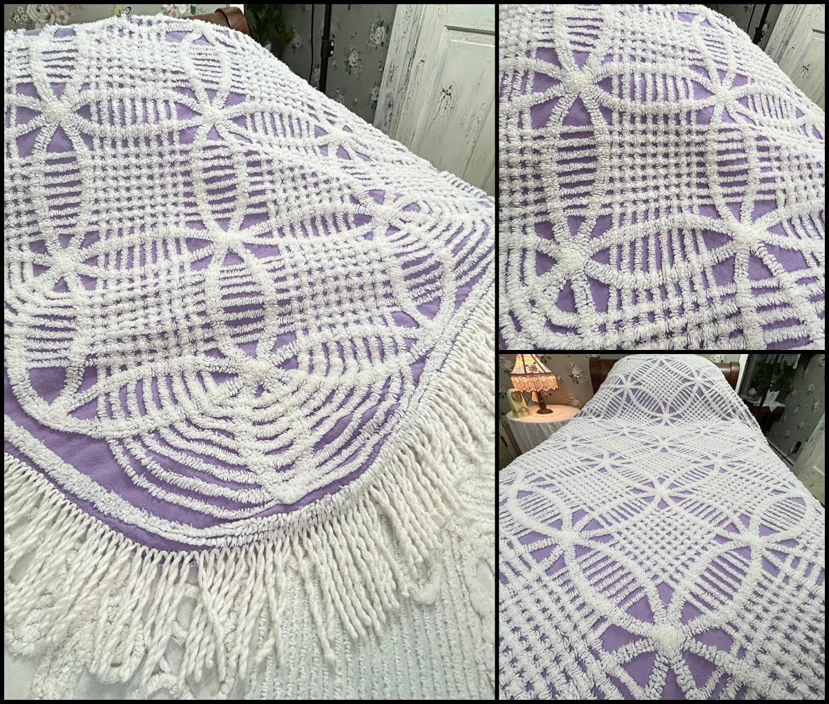 Lavender & White Vintage Chenille Bedspread Geometric Wedding Rings, TWIN Sz