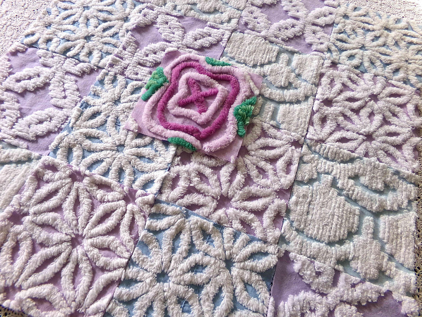 serene chenille fabric squares, dreamy blue, lilac & white, 17 vintage quilt blocks 6" x 6" inch, for pillows, quilting, crafts