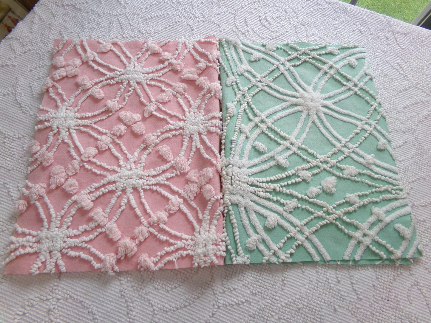 Vintage Chenille Fabric Set in Jade Green & Rose Pink, 2 Piece Bundle 12" x 18" each | Stash Builder for Fiber Arts, Quilting
