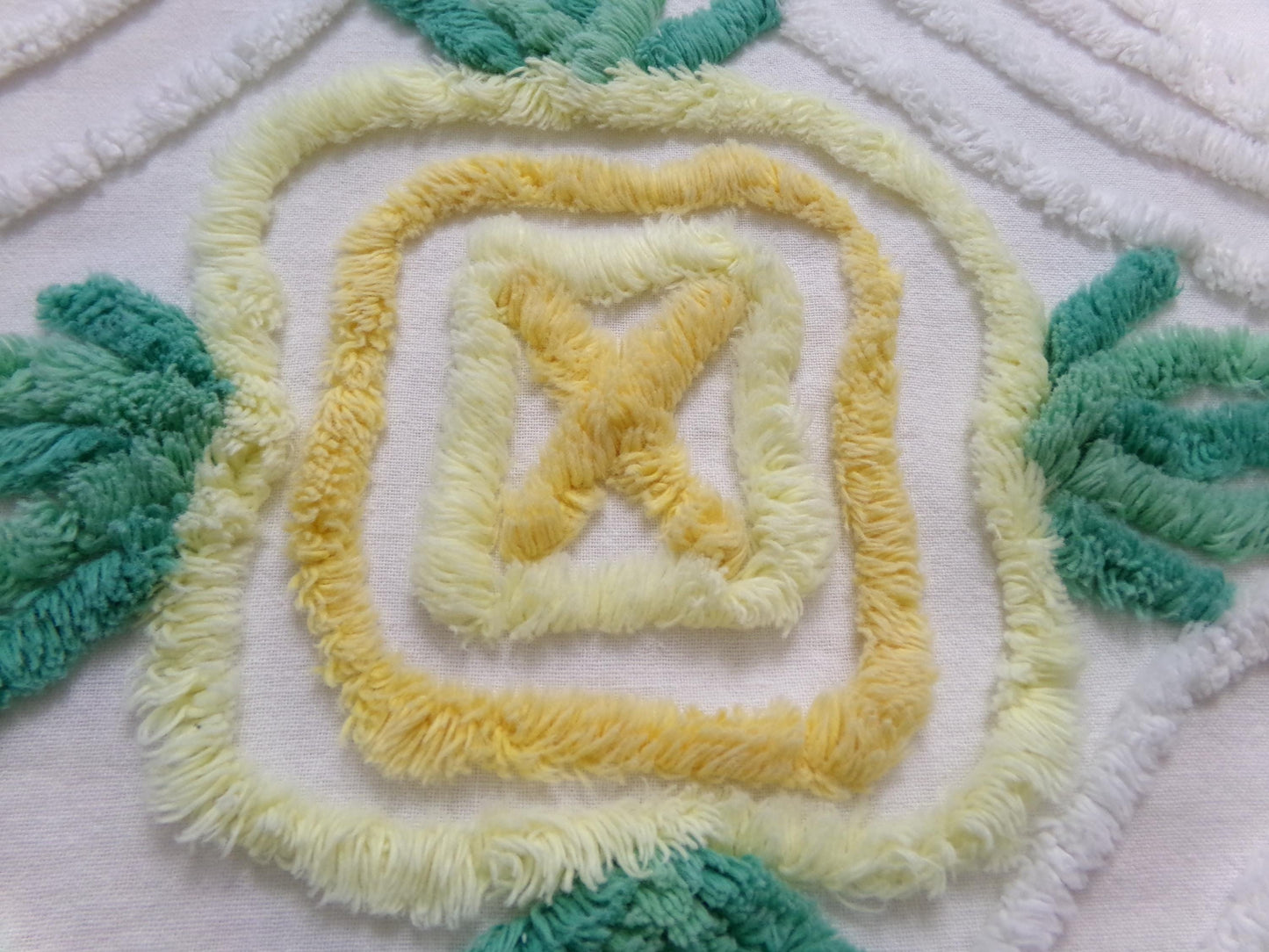 yellow cabbage rose vintage chenille bedspread fabric, cottage charm quilt material, 23" x 25" piece