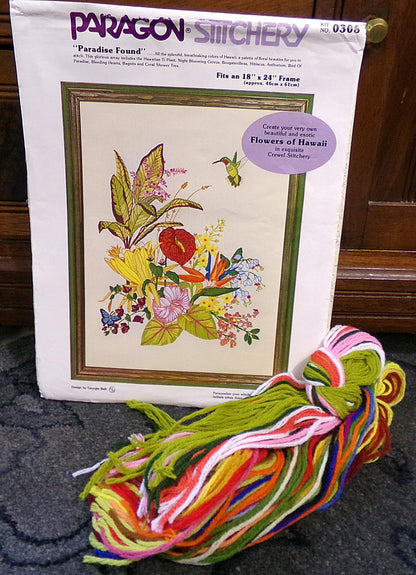 PARADISE FOUND Vintage Crewel Embroidery Kit, Flowers of Hawaii Tropical Hummingbird Paragon 0308 Stitchery Wall Hanging
